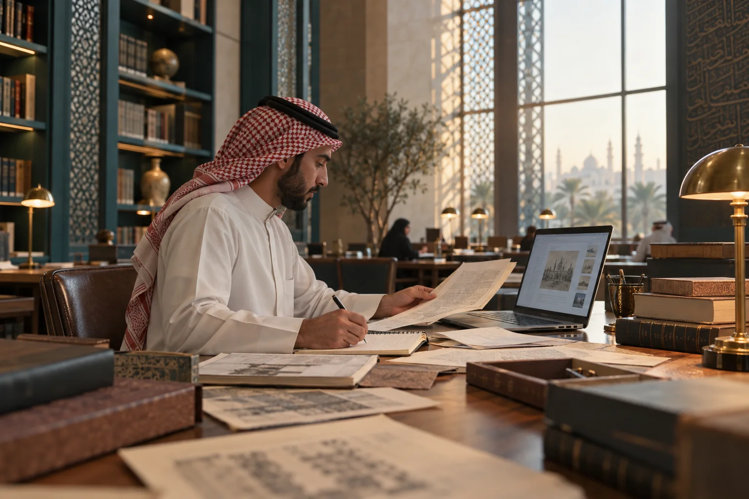 باحث يعمل بين كتب مطبوعة وأرشيف رقمي داخل قاعة قراءة